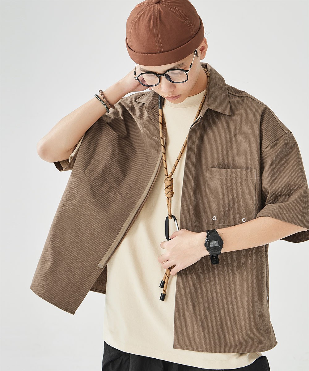 泡泡紗拉鍊襯衫 Zip-Up Seersucker Pocket Shirt