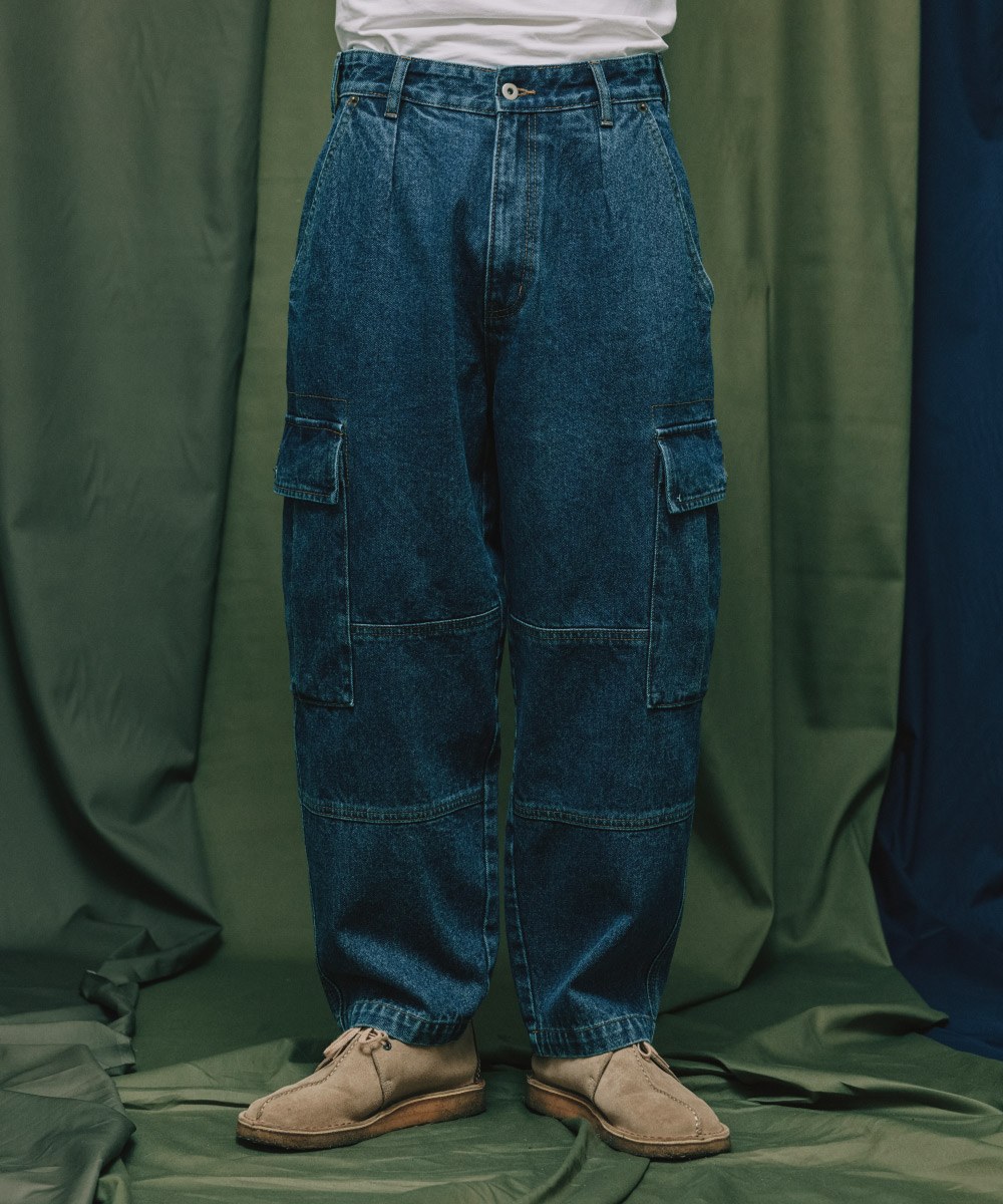  丹寧繭型口袋長褲 - 水洗深藍-L