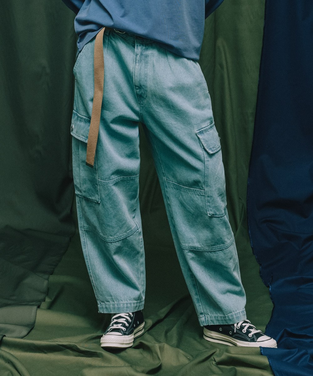 丹寧繭型口袋長褲 - 復古淺藍-L