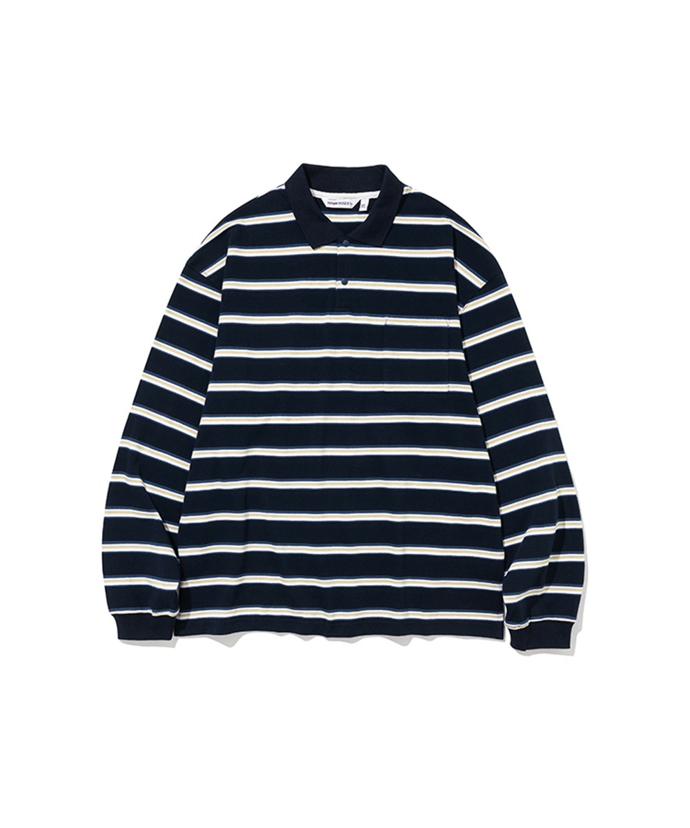  條紋長袖POLO衫 stripe polo LS tee - navy-XL